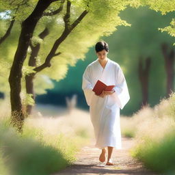 A European young man with short black hair wearing white spiritual robes is walking in a lush, green natural setting