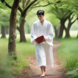 A European young man with short black hair wearing white spiritual robes is walking in a lush, green natural setting