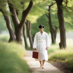 A European young man with short black hair wearing white spiritual robes is walking in a lush, green natural setting