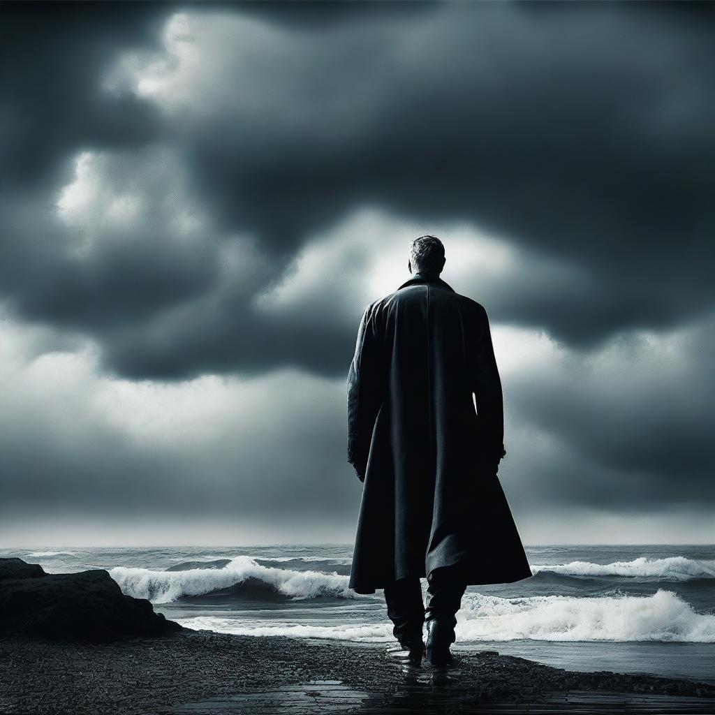 Create a detailed film poster featuring a dramatic scene with a mysterious protagonist standing against a stormy backdrop