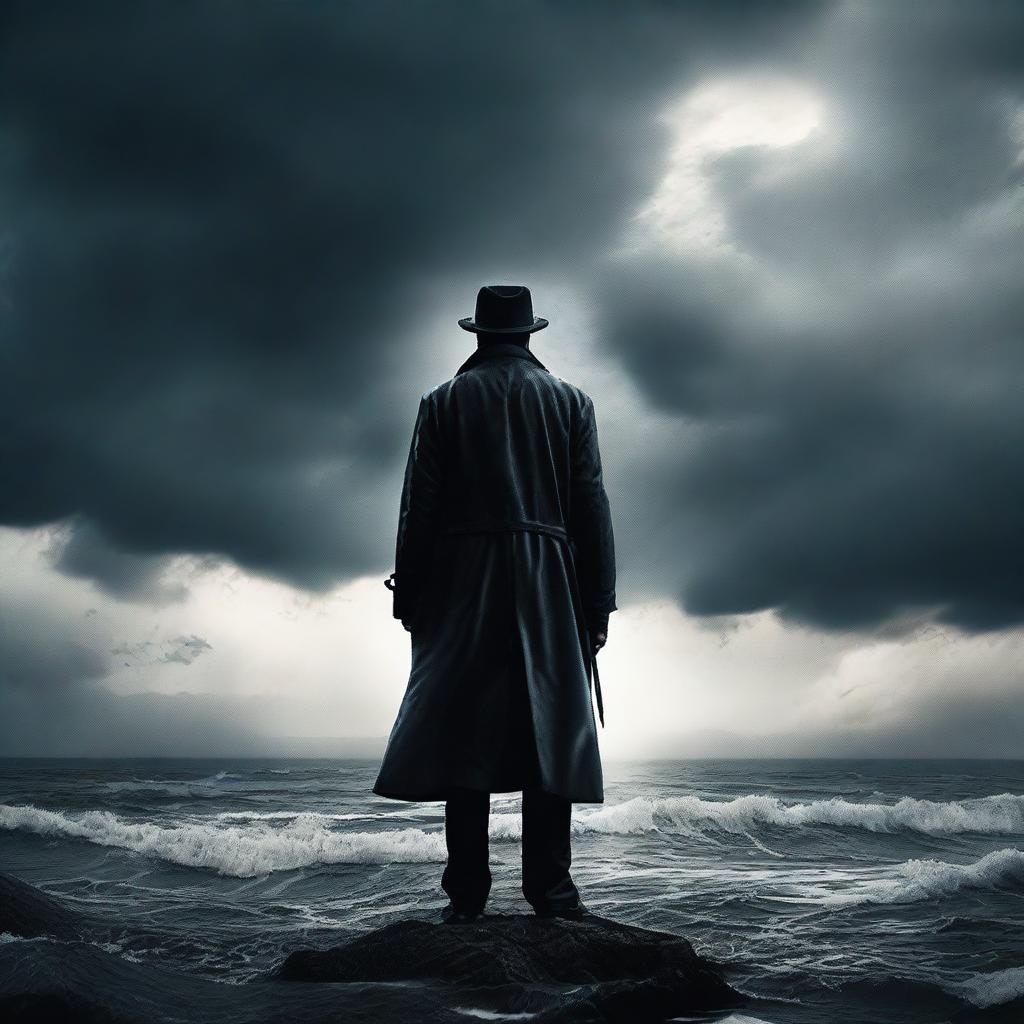 Create a detailed film poster featuring a dramatic scene with a mysterious protagonist standing against a stormy backdrop