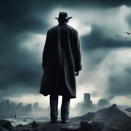 Create a detailed film poster featuring a dramatic scene with a mysterious protagonist standing against a stormy backdrop