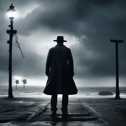 Create a detailed film poster featuring a dramatic scene with a mysterious protagonist standing against a stormy backdrop