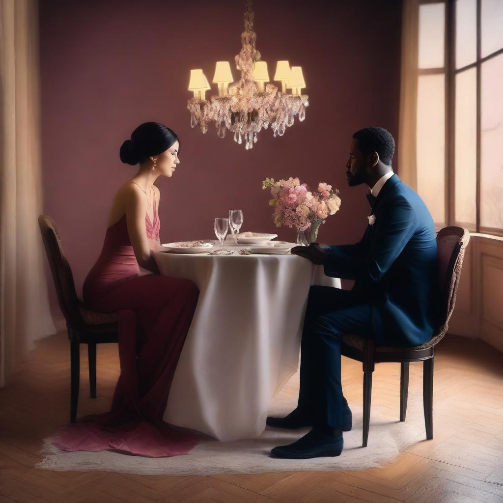 Create an intimate dinner scene featuring Massele, a man in his 30s with a warm, loving expression, seated across from Efa, a faint, ethereal woman suggesting her ghostly presence