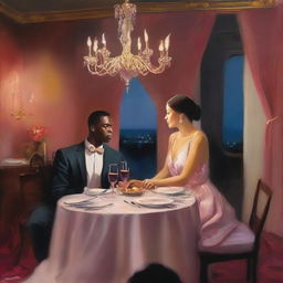 Create an intimate dinner scene featuring Massele, a man in his 30s with a warm, loving expression, seated across from Efa, a faint, ethereal woman suggesting her ghostly presence