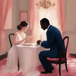 Create an intimate dinner scene featuring Massele, a man in his 30s with a warm, loving expression, seated across from Efa, a faint, ethereal woman suggesting her ghostly presence