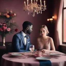 Create an intimate dinner scene featuring Massele, a man in his 30s with a warm, loving expression, seated across from Efa, a faint, ethereal woman suggesting her ghostly presence