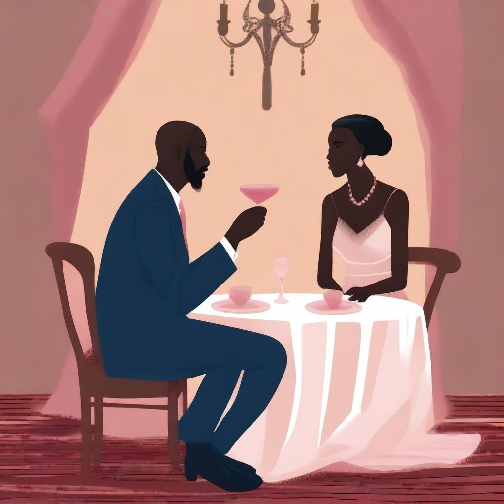 Create an intimate dinner scene featuring Massele, an African man in his 30s with a warm, loving expression, seated across from Efa, a faint, ethereal woman suggesting her ghostly presence