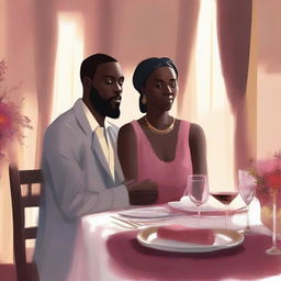 Create an intimate dinner scene featuring Massele, an African man in his 30s with a warm, loving expression, seated across from Efa, a faint, ethereal woman suggesting her ghostly presence