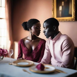 Create an intimate dinner scene featuring Massele, an African man in his 30s with a warm, loving expression, seated across from Efa, a faint, ethereal woman suggesting her ghostly presence