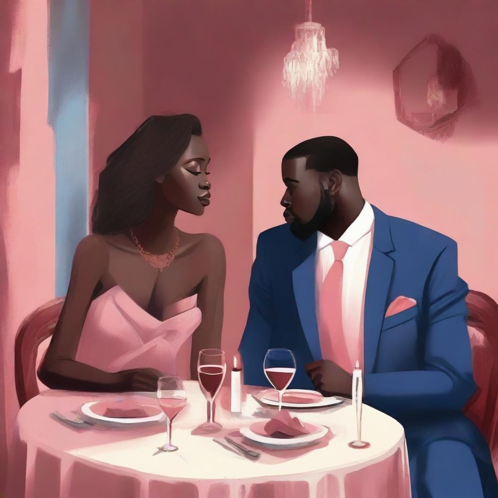 Create an intimate dinner scene featuring Massele, an African man in his 30s with a warm, loving expression, seated across from Efa, a faint, ethereal woman suggesting her ghostly presence