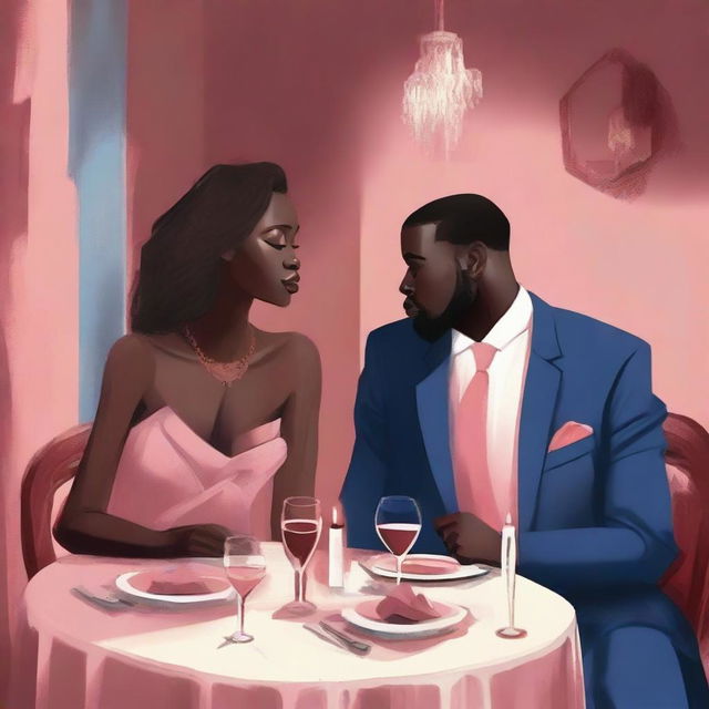 Create an intimate dinner scene featuring Massele, an African man in his 30s with a warm, loving expression, seated across from Efa, a faint, ethereal woman suggesting her ghostly presence