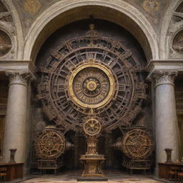 Vatican City draped in a steampunk atmosphere, merging intricate gears, cogwheels and steam-powered machinery harmoniously with the iconic and historical architecture.