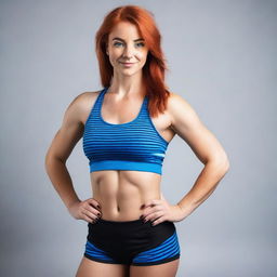 A red-haired and blue-eyed athletic girl wearing a blue bra and black striped shorts