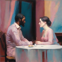 An intimate dinner scene featuring Massele, a man in his 30s with a warm, loving expression, seated across from Efa, a faint, ethereal figure suggesting her ghostly presence