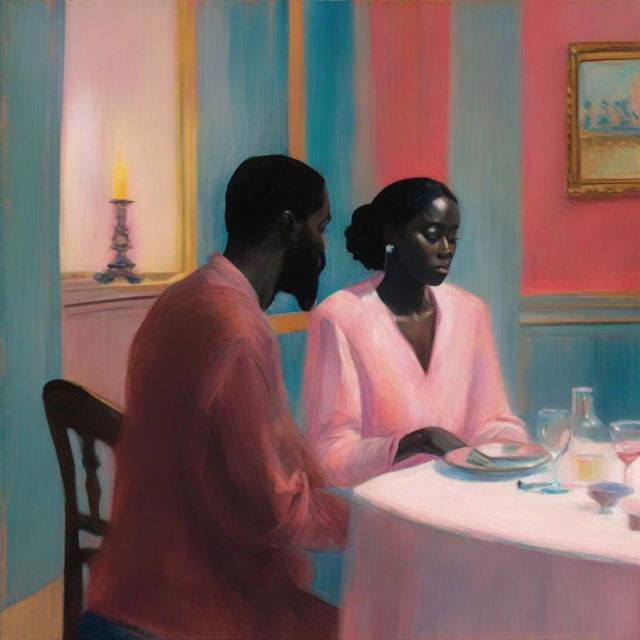 An intimate dinner scene featuring Massele, a man in his 30s with a warm, loving expression, seated across from Efa, a faint, ethereal figure suggesting her ghostly presence