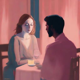 An intimate dinner scene featuring Massele, a man in his 30s with a warm, loving expression, seated across from Efa, a faint, ethereal figure suggesting her ghostly presence