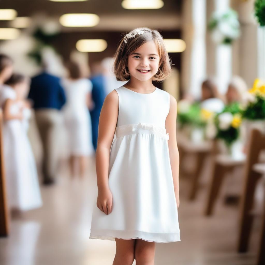 A girl with classic bob hair stands in the middle of the aisle with a sweet smile, wearing a charming white dress