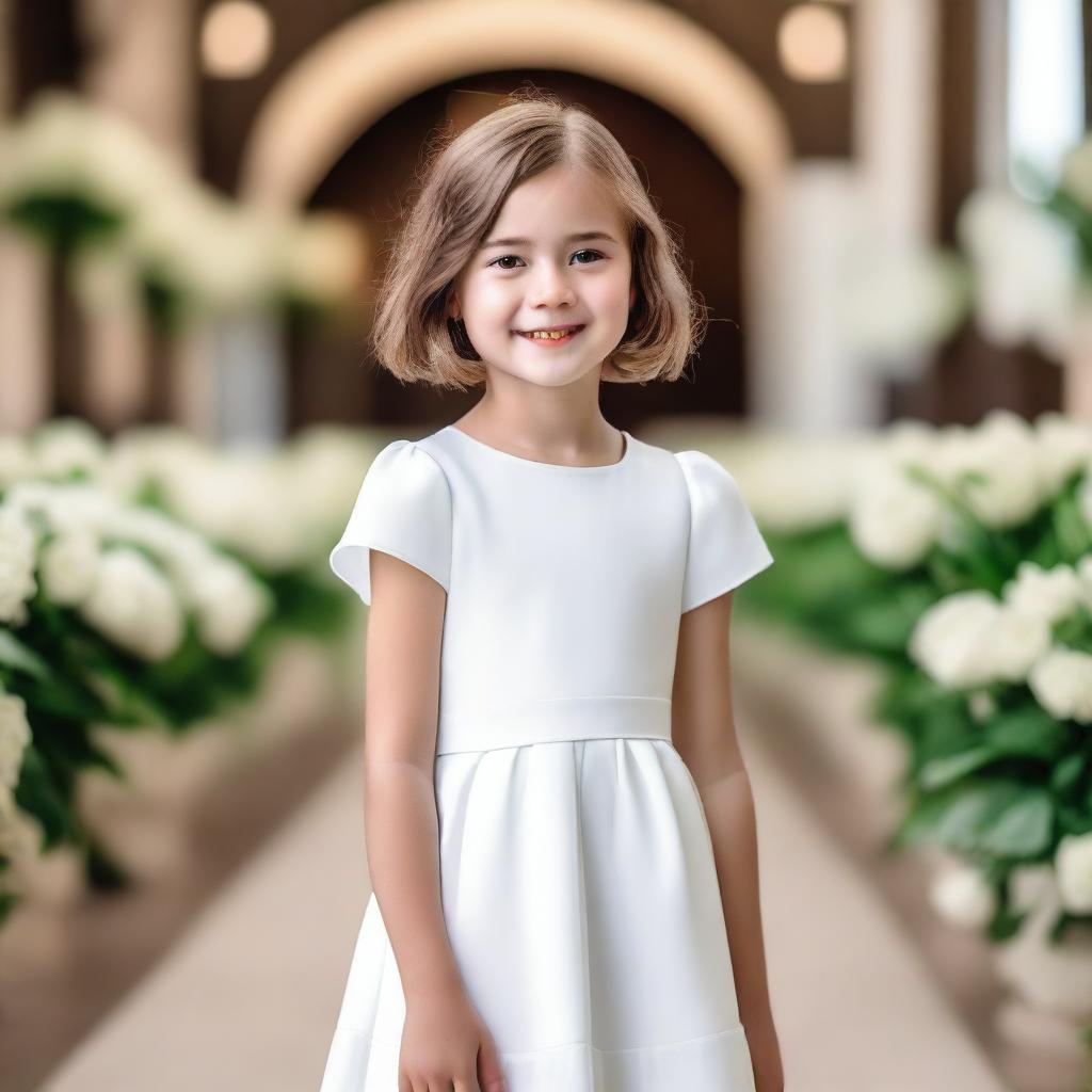 A girl with classic bob hair stands in the middle of the aisle with a sweet smile, wearing a charming white dress