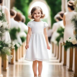 A girl with classic bob hair stands in the middle of the aisle with a sweet smile, wearing a charming white dress