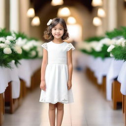 A girl with classic bob hair stands in the middle of the aisle with a sweet smile, wearing a charming white dress