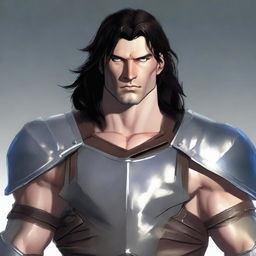 A tall, muscular man with pale skin, shoulder-length black hair, and blue eyes