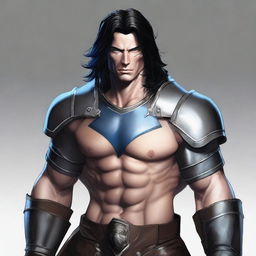 A tall, muscular man with pale skin, shoulder-length black hair, and blue eyes