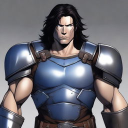 A tall, muscular man with pale skin, shoulder-length black hair, and blue eyes