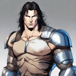 A tall, muscular man with pale skin, shoulder-length black hair, and blue eyes