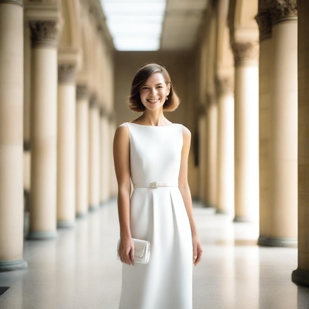 A woman with classic bob hair stands in the middle of a museum hallway with a sweet smile, wearing a charming white dress and carrying a white bag on her shoulder