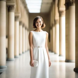 A woman with classic bob hair stands in the middle of a museum hallway with a sweet smile, wearing a charming white dress and carrying a white bag on her shoulder