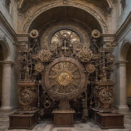 Vatican City draped in a steampunk atmosphere, merging intricate gears, cogwheels and steam-powered machinery harmoniously with the iconic and historical architecture.