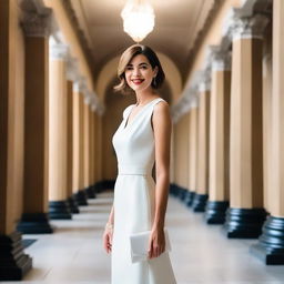 A woman with classic bob hair stands in the middle of a museum hallway with a sweet smile, wearing a charming white dress and carrying a white bag on her shoulder