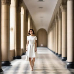 A woman with classic bob hair stands in the middle of a museum hallway with a sweet smile, wearing a charming white dress and carrying a white bag on her shoulder