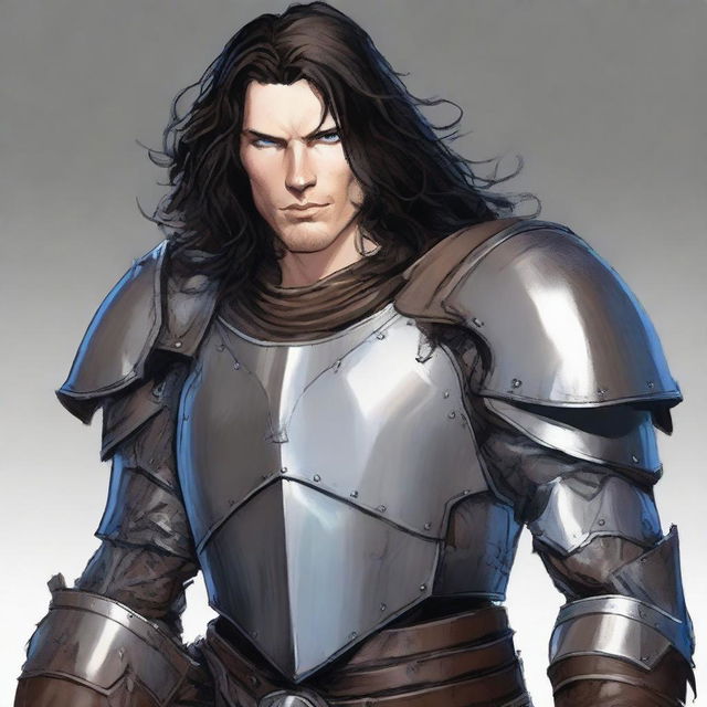 A tall, burly man with pale skin, shoulder-length wavy black hair, and blue eyes