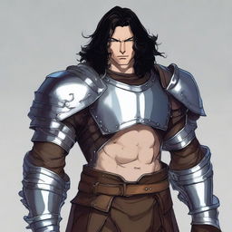 A tall, burly man with pale skin, shoulder-length wavy black hair, and blue eyes