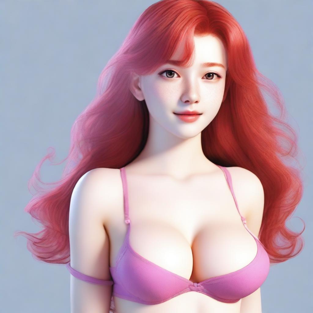 A red-haired girl with fair skin, wearing a pink bra