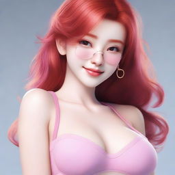 A red-haired girl with fair skin, wearing a pink bra