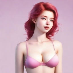 A red-haired girl with fair skin, wearing a pink bra