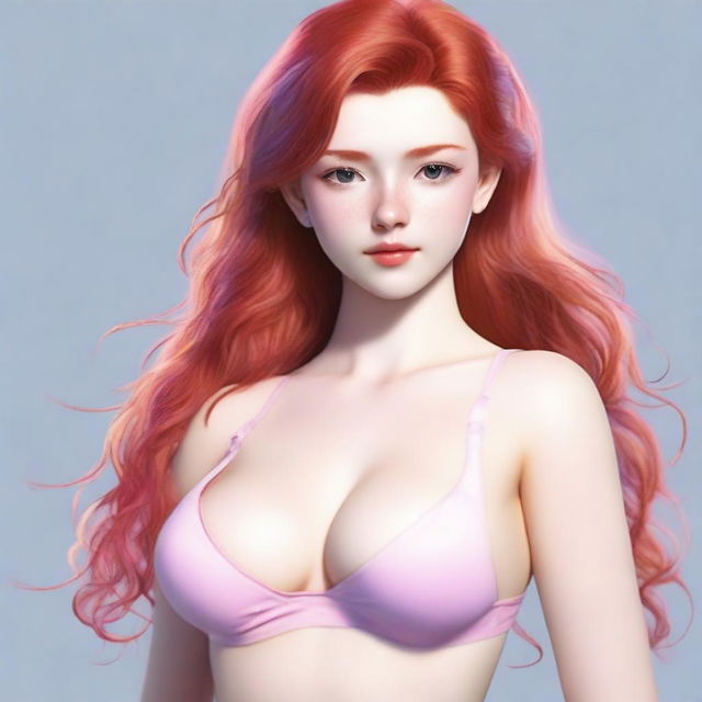 A red-haired girl with fair skin, wearing a pink bra