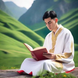 A photo of a young European man with short black hair, dressed in white spiritual robes, reading a red book