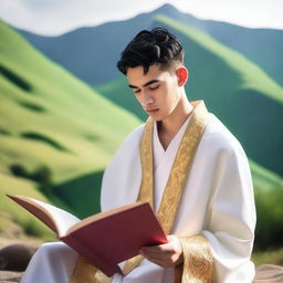 A photo of a young European man with short black hair, dressed in white spiritual robes, reading a red book