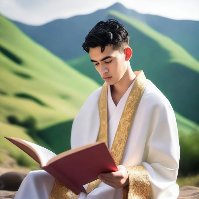 A photo of a young European man with short black hair, dressed in white spiritual robes, reading a red book