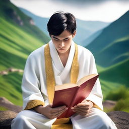 A photo of a young European man with short black hair, dressed in white spiritual robes, reading a red book