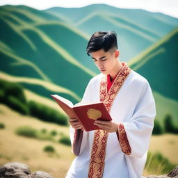 A photo of a young European man with short black hair, dressed in white spiritual robes, reading a red book