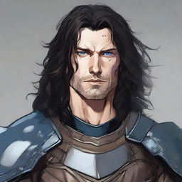 A tall, burly man with pale skin, shoulder-length wavy and messy black hair, and blue eyes