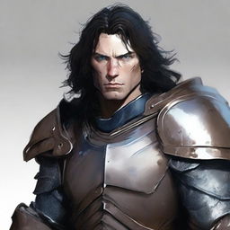 A tall, burly man with pale skin, shoulder-length wavy and messy black hair, and blue eyes