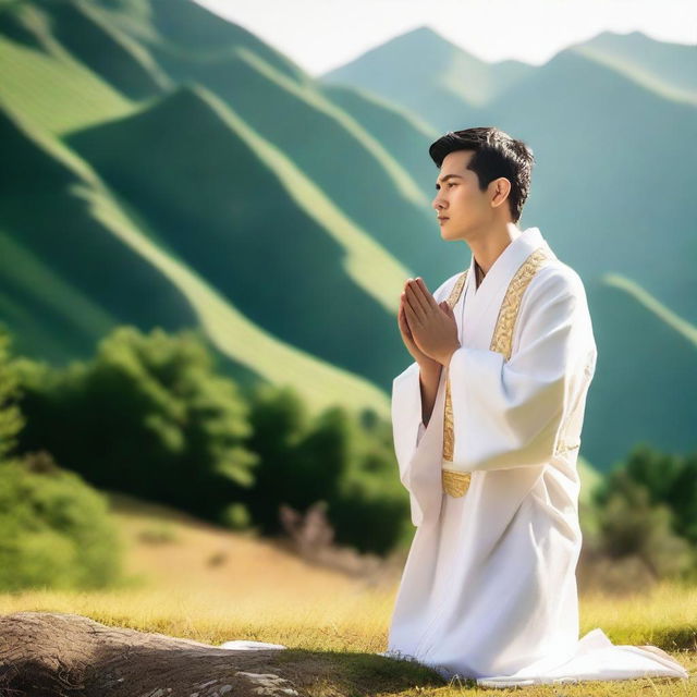 A photograph of a young European man with short black hair, dressed in white spiritual robes and gold shoes, praying with his hands raised