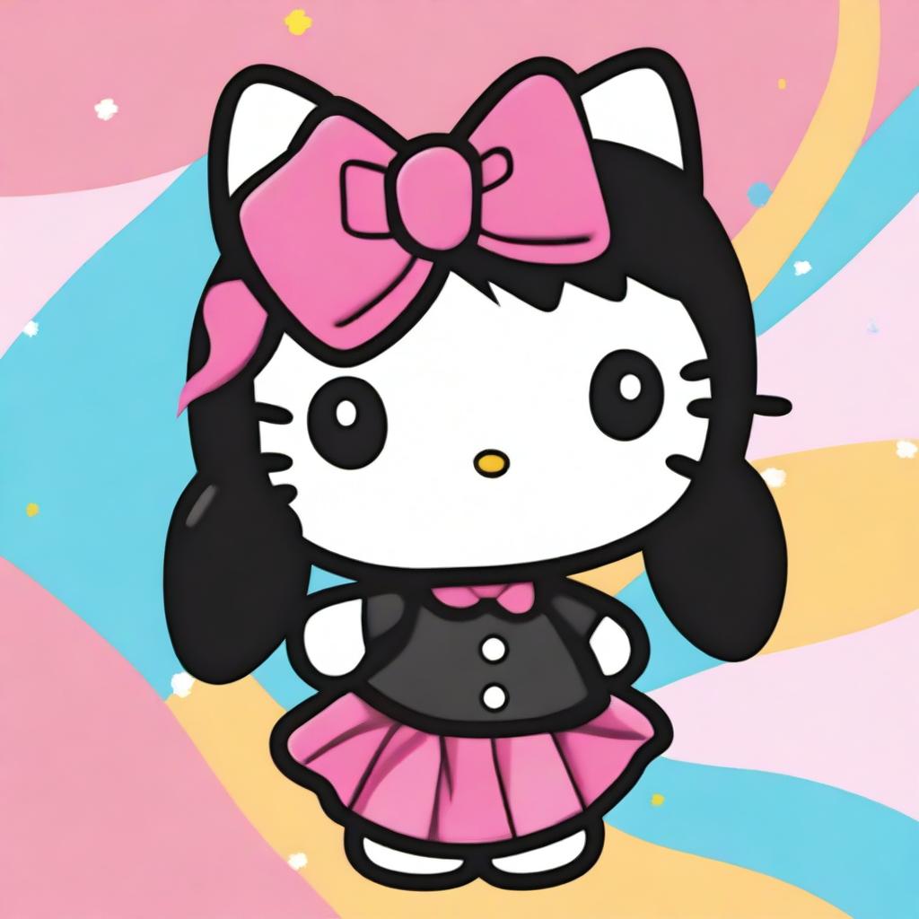 A cute Hello Kitty character with black bangs, featuring her signature bow and a cheerful expression