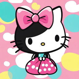 A cute Hello Kitty character with black bangs, featuring her signature bow and a cheerful expression